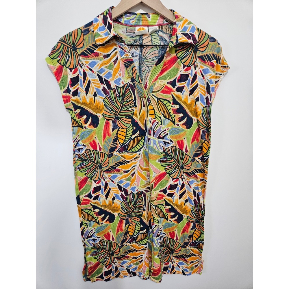 C&C California Tropical Leaf Print Linen Blend V-Neck Mini Dress Multi Color S